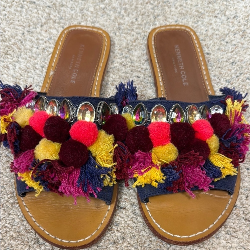 Kenneth Cole Women's Multicolor Pom Pom & Rhinestone Slide Sandals - Picture 7 of 11